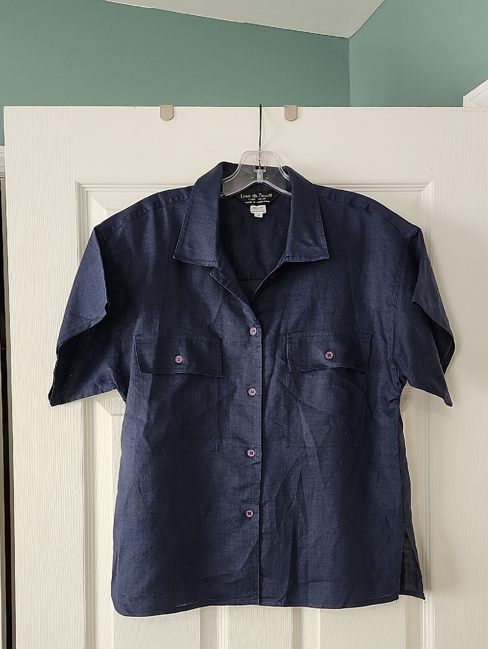 Vintage Lisa & Scott Crisp Classic Navy Linen Blouse Size 10